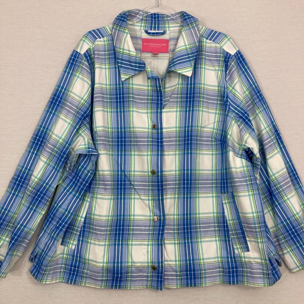 Isaac Mizrahi Blue White Plaid Snap Button Soft Stretch Jacket size 2X